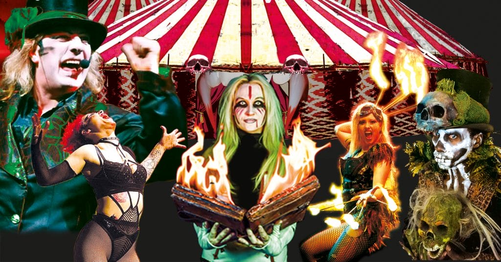 An image of a circus big top. Underneath are various circus performers including a ringmaster in top hat, a fire eater and centre front is a woman holding an open book which is covered in flames