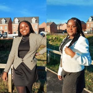 Two images side by side of young women