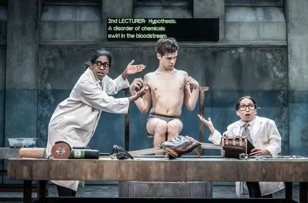 6747 Nadia Nadarajah, Zak Ford-Williams and Annabelle Davis on stage in The Real and Imagined History of the Elephant Man. Photo by Marc Brenner.