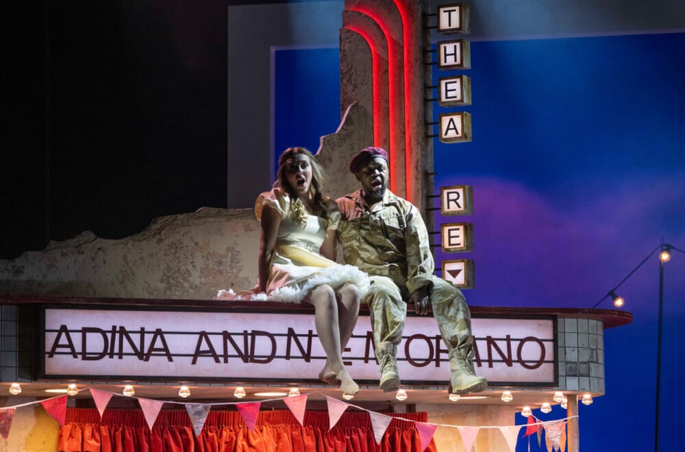 Natasha Page (Adina), Tamsanqa Tylor Lamani (Nemorino). Cr. Richard Hubert Smith.