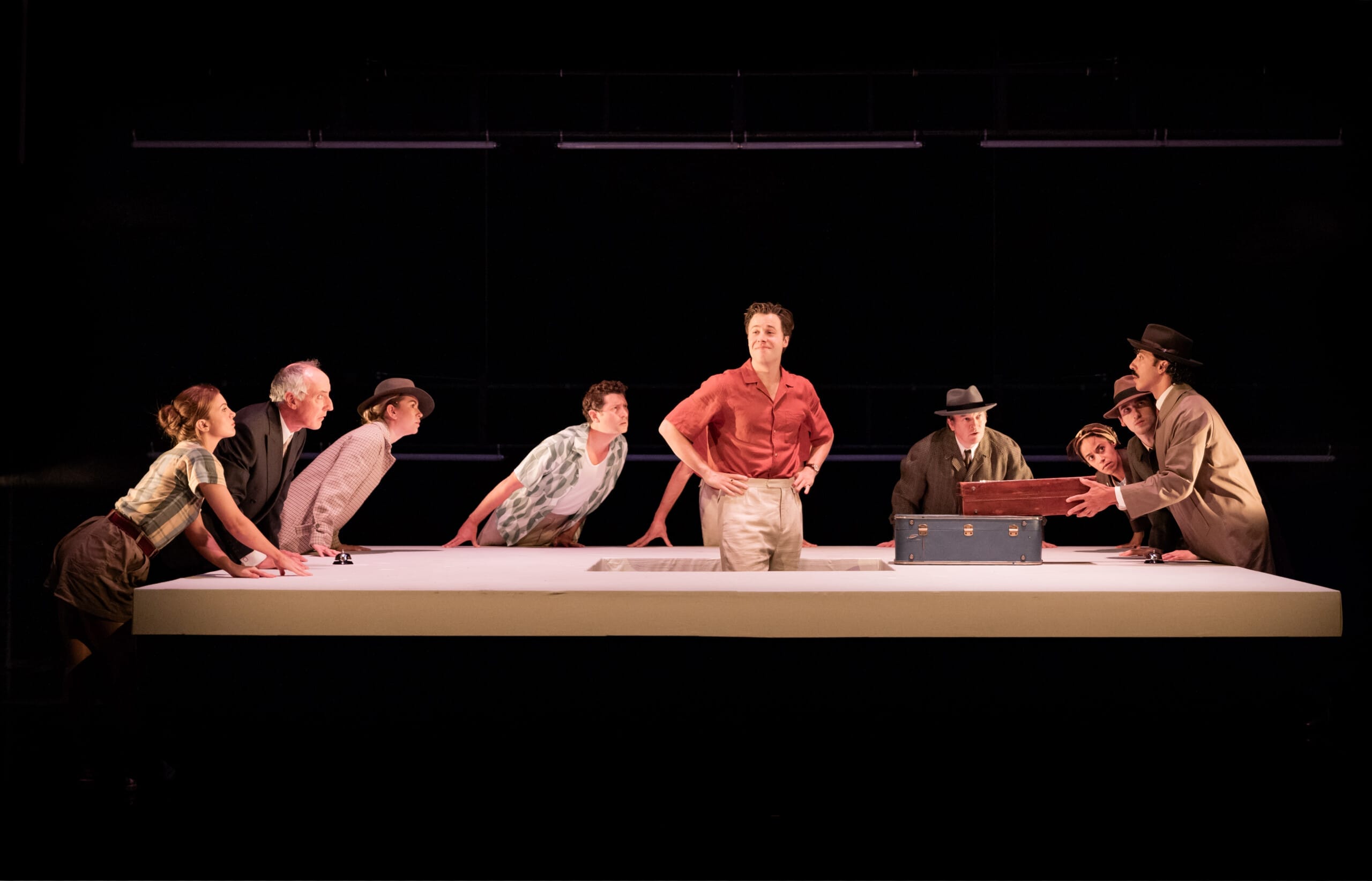 Ed McVey (centre) as Tom Ripley & the cast - Photo by Mark Senior